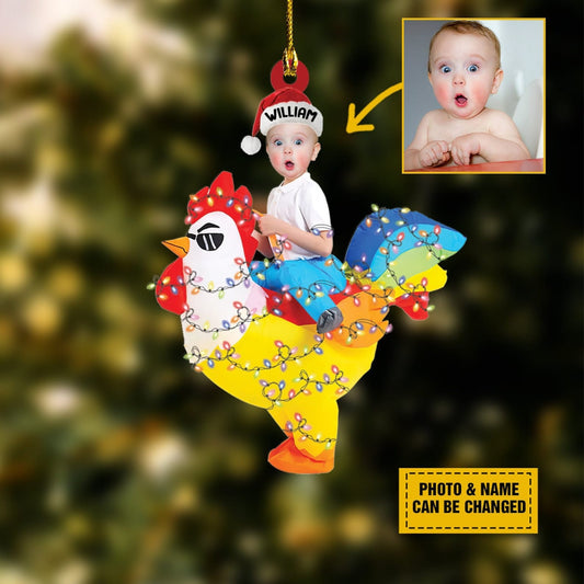 Custom Photo Kid Rides Rooster Christmas Ornament, Personalized Photo Baby Face Xmas Ornament ON0871