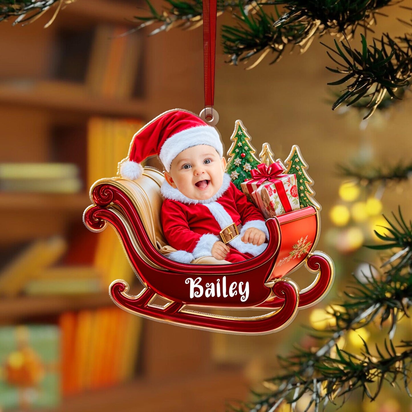 Custom Photo Baby In Sleigh Christmas Ornament, Personalized Baby Photo Ornament 2024 ON0805