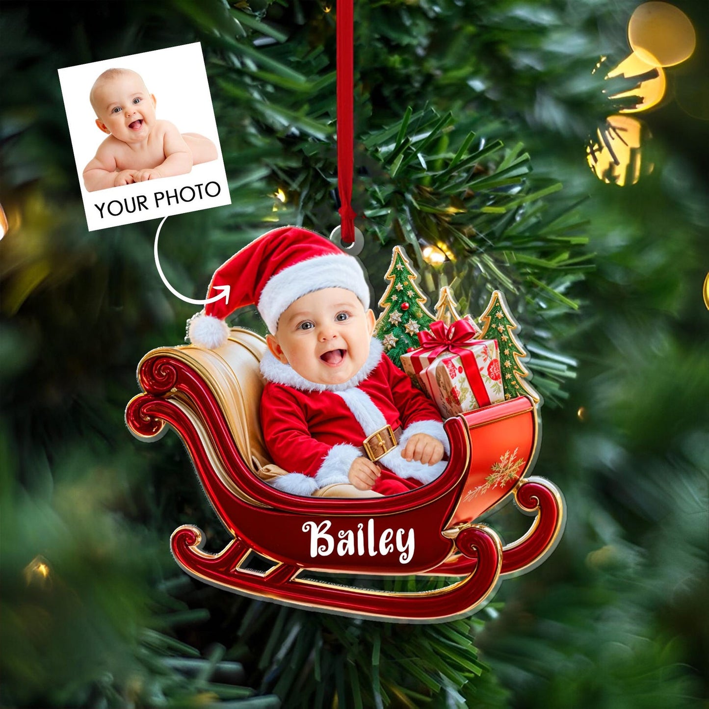 Custom Photo Baby In Sleigh Christmas Ornament, Personalized Baby Photo Ornament 2024 ON0805