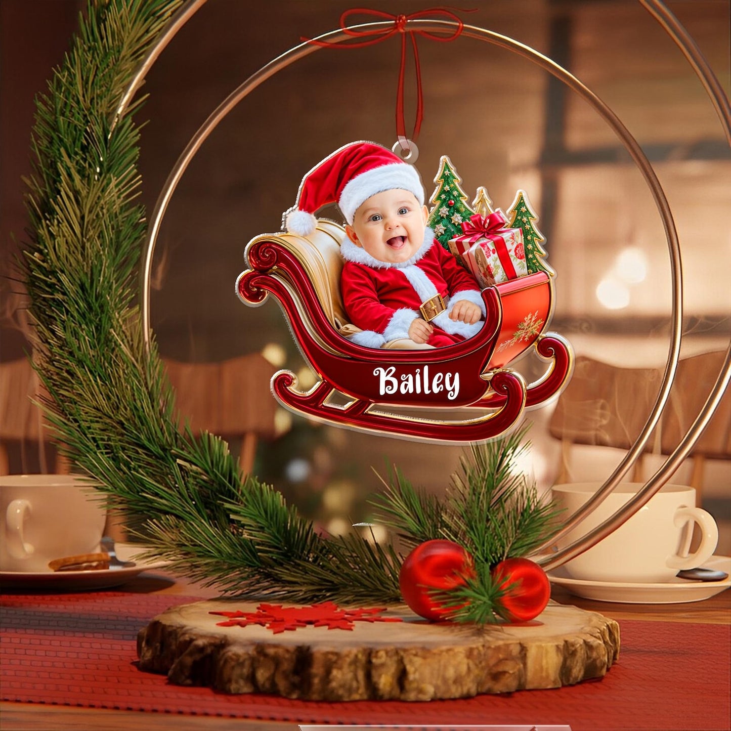 Custom Photo Baby In Sleigh Christmas Ornament, Personalized Baby Photo Ornament 2024 ON0805