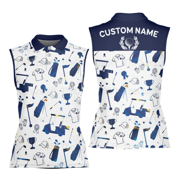 Custom Women's White And Blue Sleeveless Golf Shirts, Custom Ladies Golf Shirts GE0057