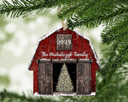 Personalized Red Barn Christmas Ornament, Custom Family Name Farmhouse Ornament ON1332