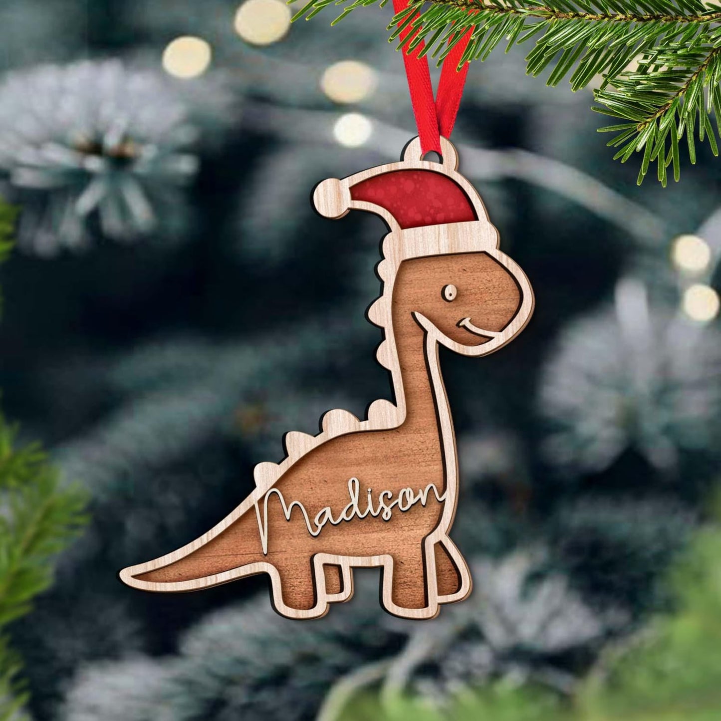 Personalized Dinosaur Santasaurus Christmas Wooden Ornament, Custom Name Dinosaur Ornament ON1091