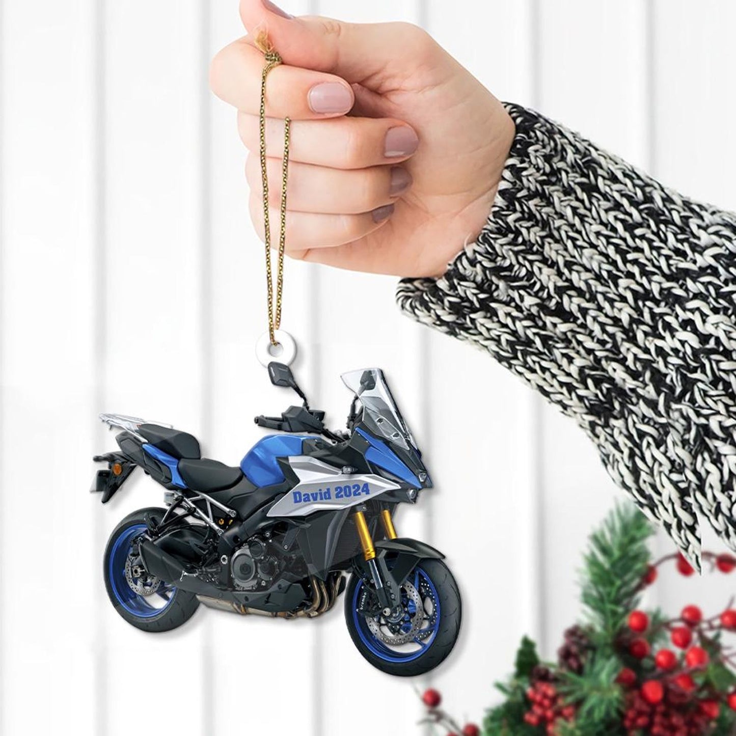 Personalized Blue Motorcycle Christmas Ornament, Custom Name Motorbike Driver Ornament ON1055