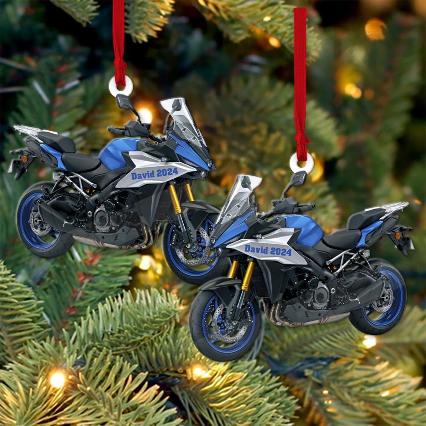 Personalized Blue Motorcycle Christmas Ornament, Custom Name Motorbike Driver Ornament ON1055