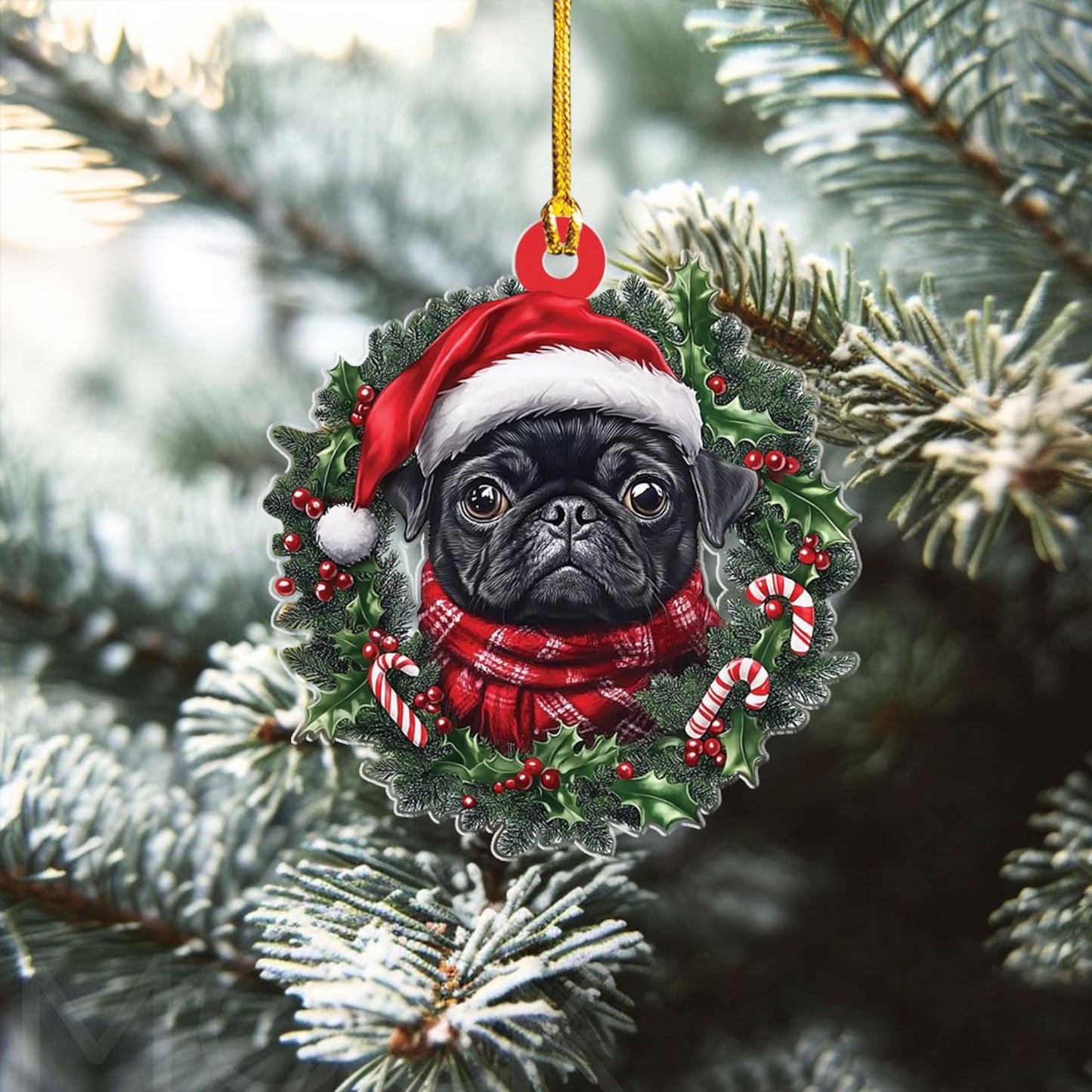 Personalized Black Pug Christmas Ornament, Custom Name Pug Dog Ornament ON1697