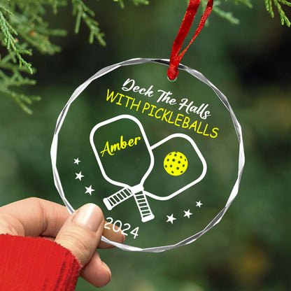 Personalized Deck The Halls With Pickleballs Glass Ornament, Custom Name Pickleball Partner Pickleball Lover Ornament ON0698