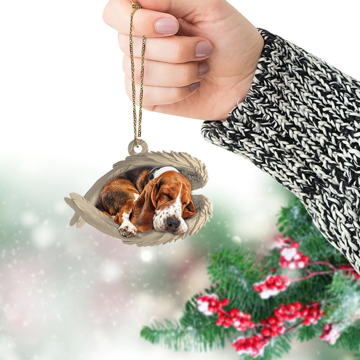 Personalized Basset Hound Dog Sleeping Angel Wings Ornament, Custom Name Basset Hound Dog Christmas Ornament ON1585