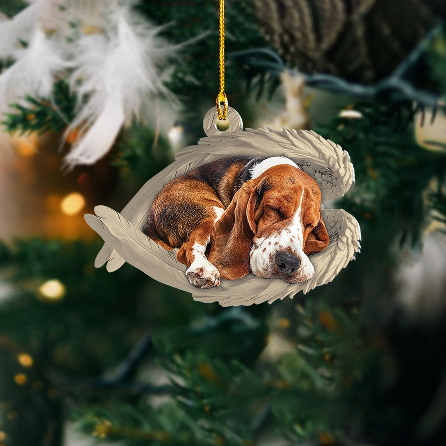 Personalized Basset Hound Dog Sleeping Angel Wings Ornament, Custom Name Basset Hound Dog Christmas Ornament ON1585