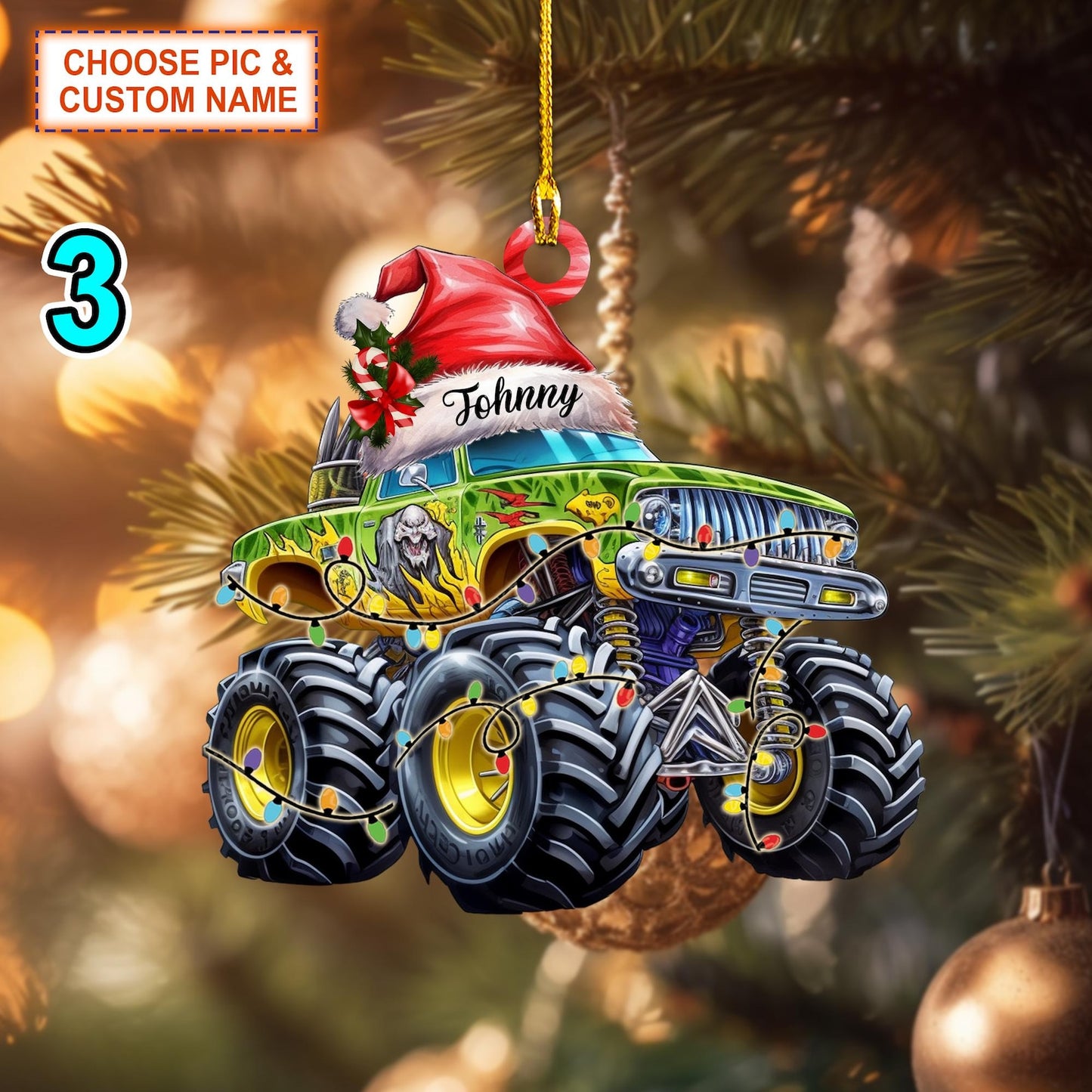 Personalized Monster Truck With Led Light Christmas Ornament, Custom Monster Truck Ornament 2024 ON0474