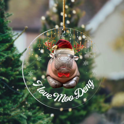 I Love Moo Deng Christmas Ornament, Cute Baby Hippo Moo Deng Bouncy Pig in Thai Hippopotamus Ornament ON0525