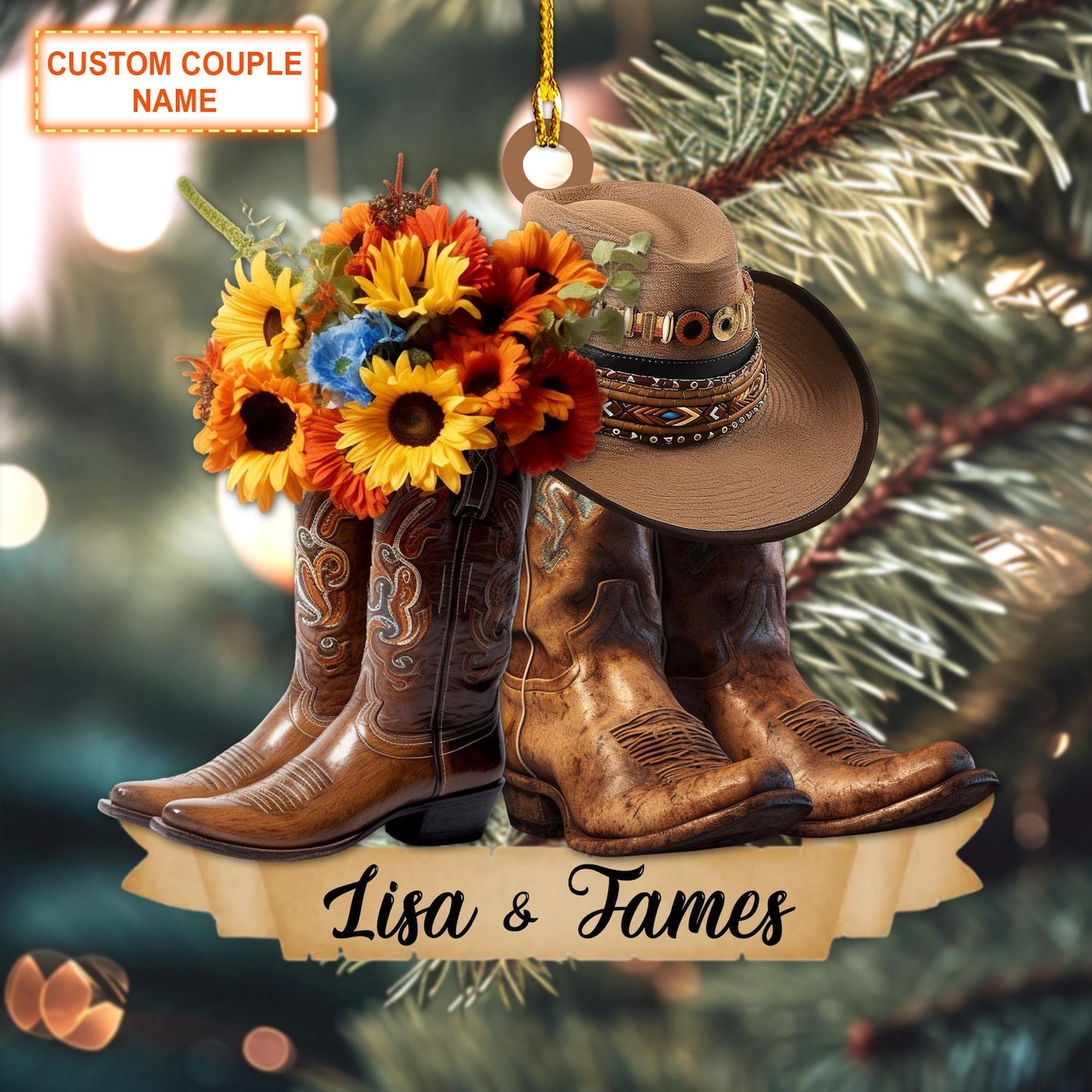 Personalized Cowboy Couple Flower Christmas Ornament, Custom Name Cow Boy Cow Girl Ornament ON1120