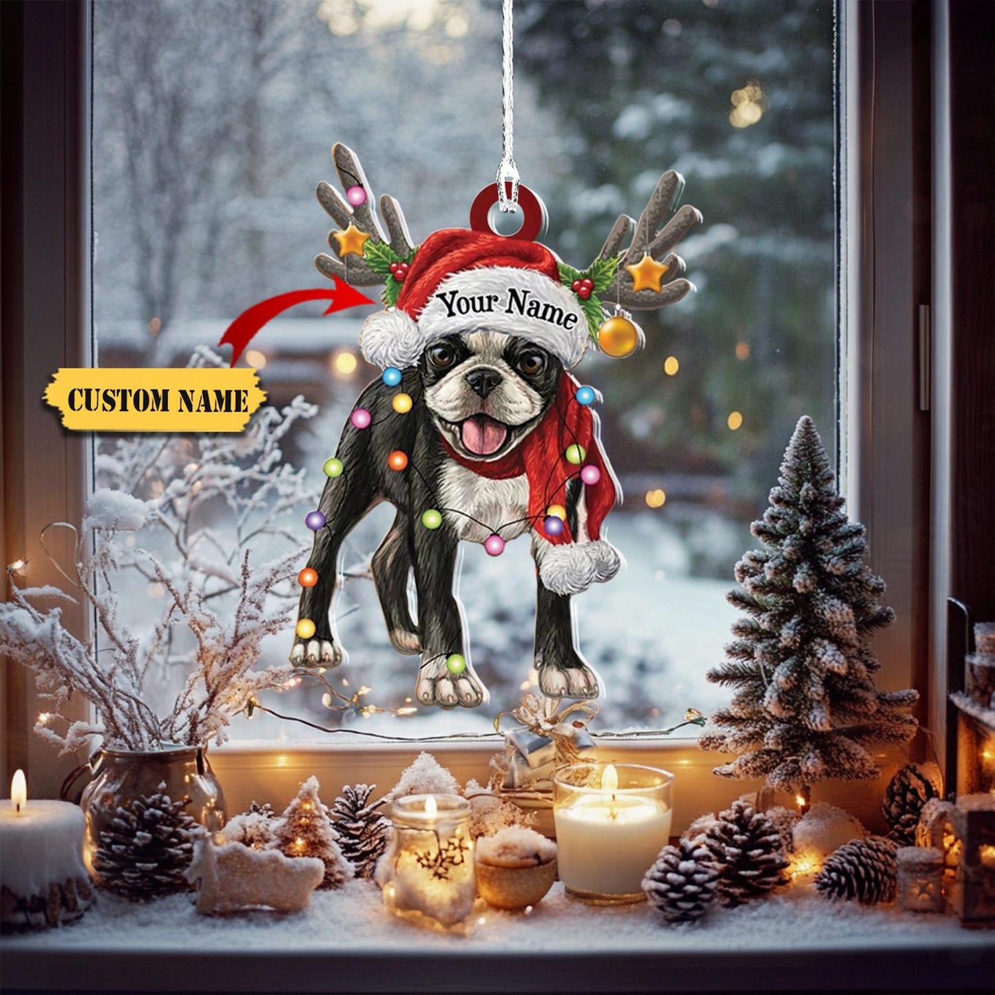 Personalized Boston Terrier Light Christmas Ornament, Custom Name Boston Terrier Ornament ON1355