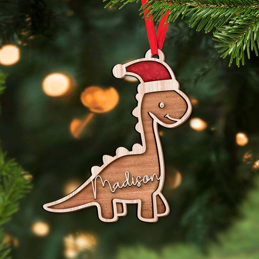 Personalized Dinosaur Santasaurus Christmas Wooden Ornament, Custom Name Dinosaur Ornament ON1091