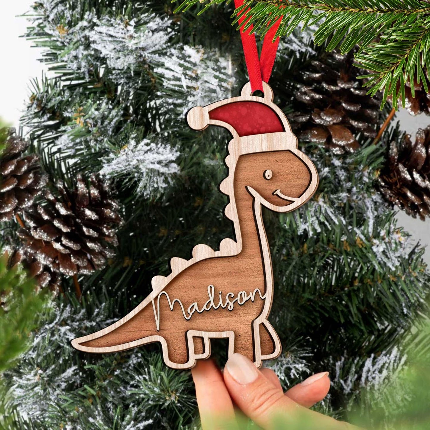 Personalized Dinosaur Santasaurus Christmas Wooden Ornament, Custom Name Dinosaur Ornament ON1091