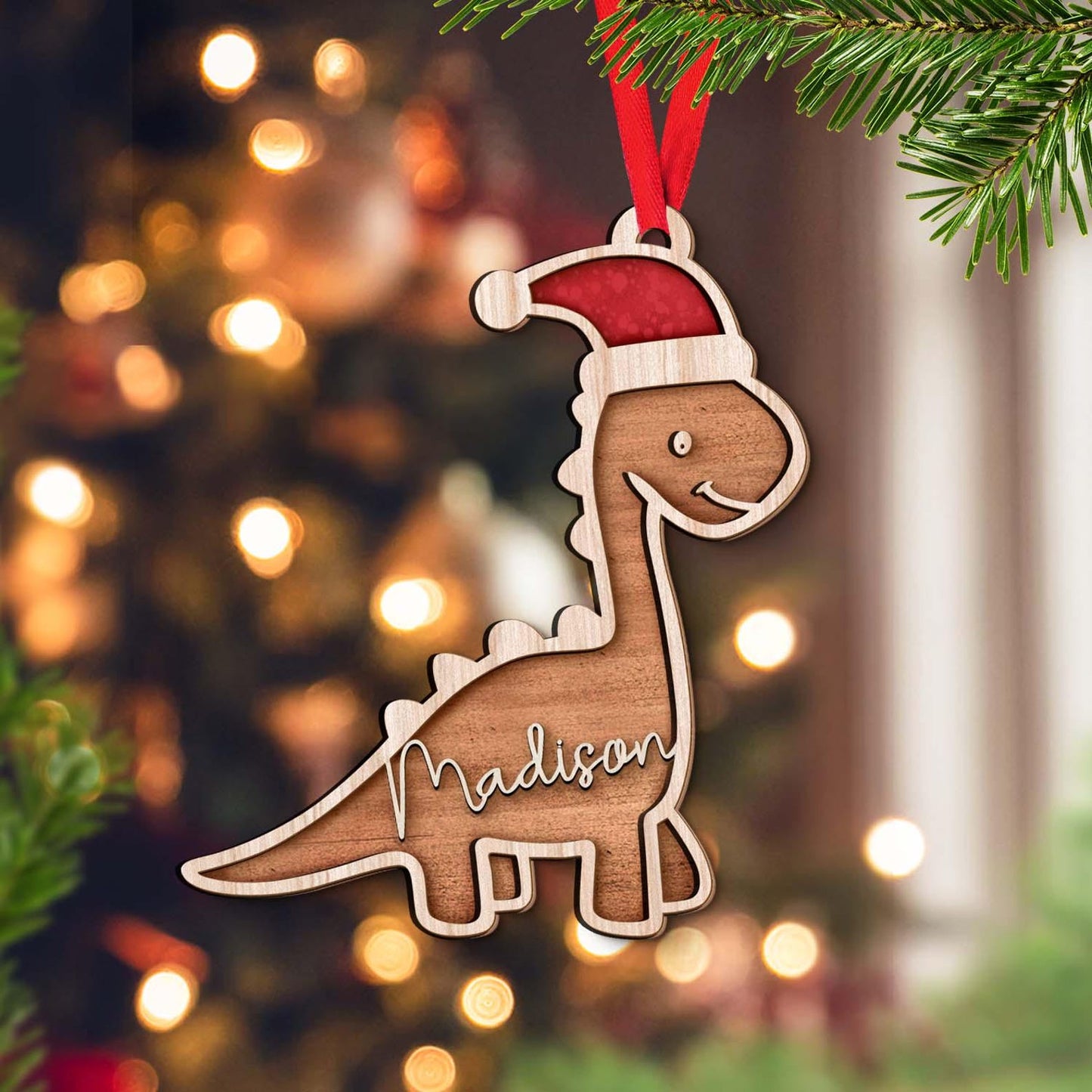 Personalized Dinosaur Santasaurus Christmas Wooden Ornament, Custom Name Dinosaur Ornament ON1091