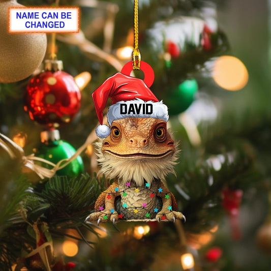 Personalized Bearded Dragon Christmas Light Ornament, Custom Name Santa Hat Dragon Ornament ON1125