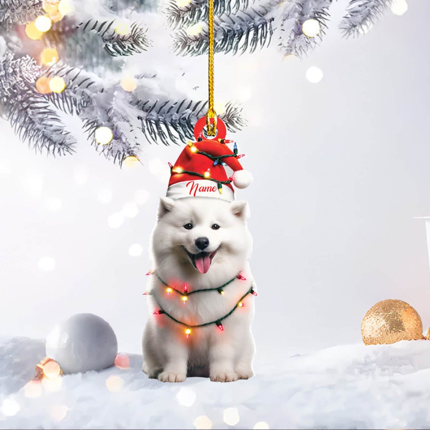 Personalized Samoyed Dog Christmas Light Ornament, Custom Name Dog Lover Ornament ON1579