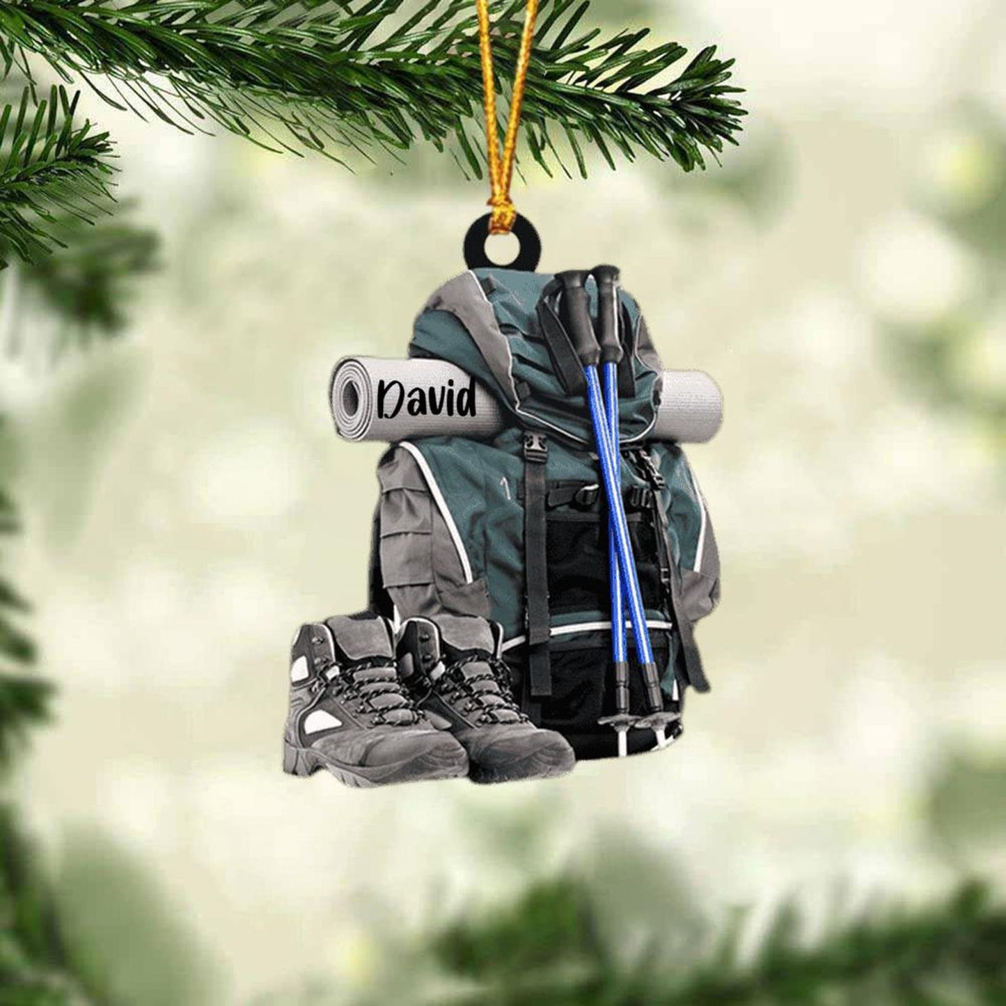 Personalized Hiking Bag Shoes Ornament, Custom Name Hiking Lovers Christmas Ornament ON1047