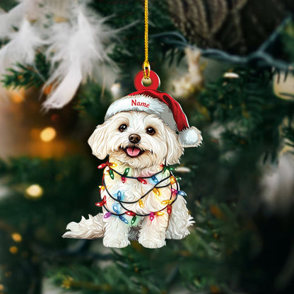 Personalized Maltese Dog Christmas Lights Ornament, Custom Name Maltese Dog Lover Ornament ON1589