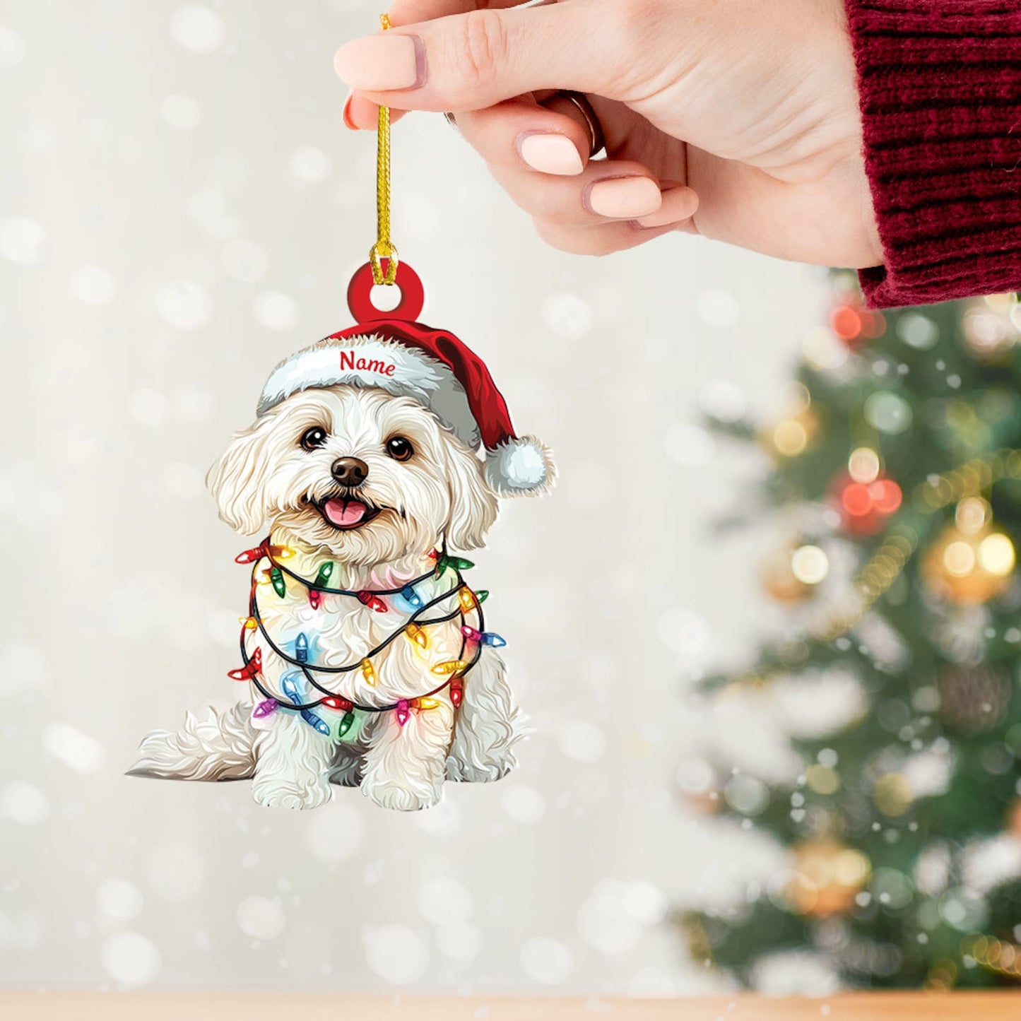 Personalized Maltese Dog Christmas Lights Ornament, Custom Name Maltese Dog Lover Ornament ON1589