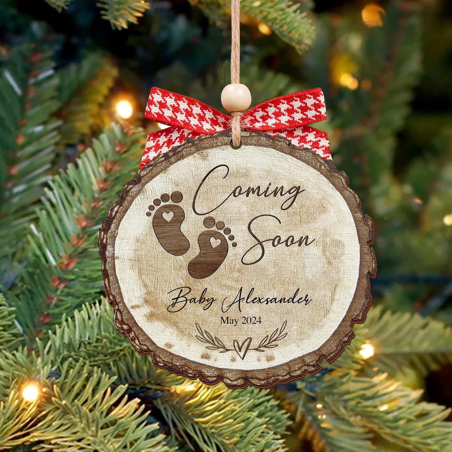 Personalized Baby Coming Soon Pregnancy Announcement Christmas Wooden Ornament, Custom Baby First Christmas Ornament ON0867