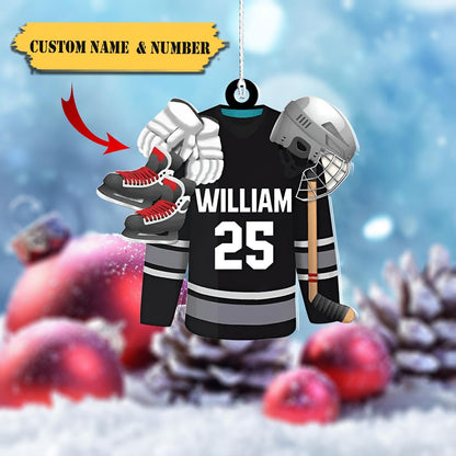 Personalized Ice Hockey Outfit Helmet Shoes Ornament, Custom Name Number Hockey Player Christmas Ornament ON0473