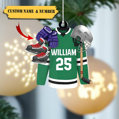 Personalized Ice Hockey Outfit Helmet Shoes Ornament, Custom Name Number Hockey Player Christmas Ornament ON0473