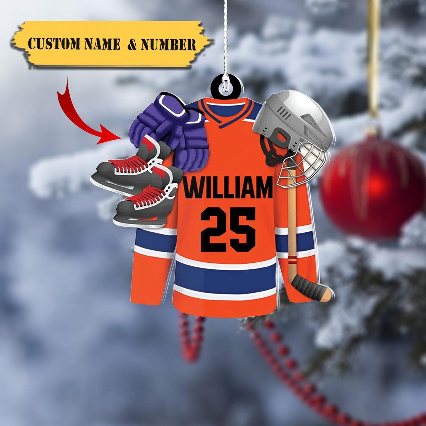 Personalized Ice Hockey Outfit Helmet Shoes Ornament, Custom Name Number Hockey Player Christmas Ornament ON0473