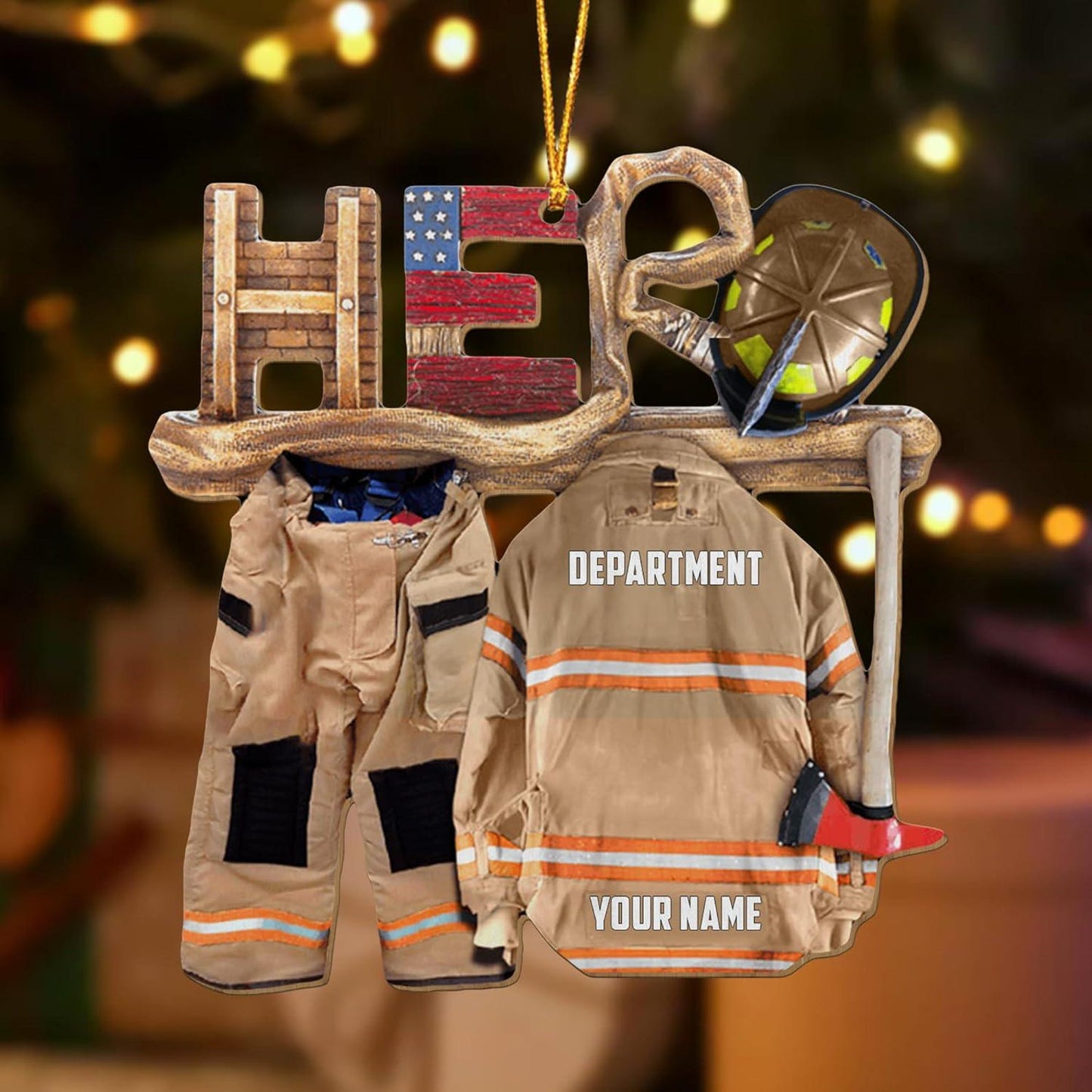 Personalized US Flag Firefighter and Fire Extinguisher Ornament, Custom Name Firefighter Ornament ON0714