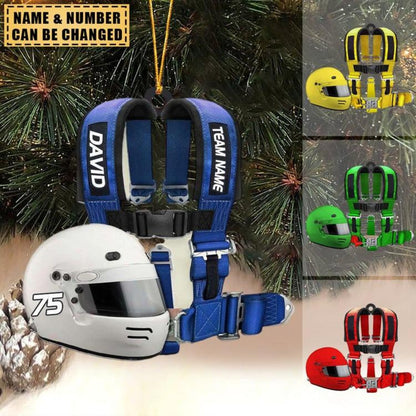 Personalized Racing Seat Belt And Helmet Christmas Ornament 2024, Custom Name Number Racers Racing Lovers Ornament ON1016