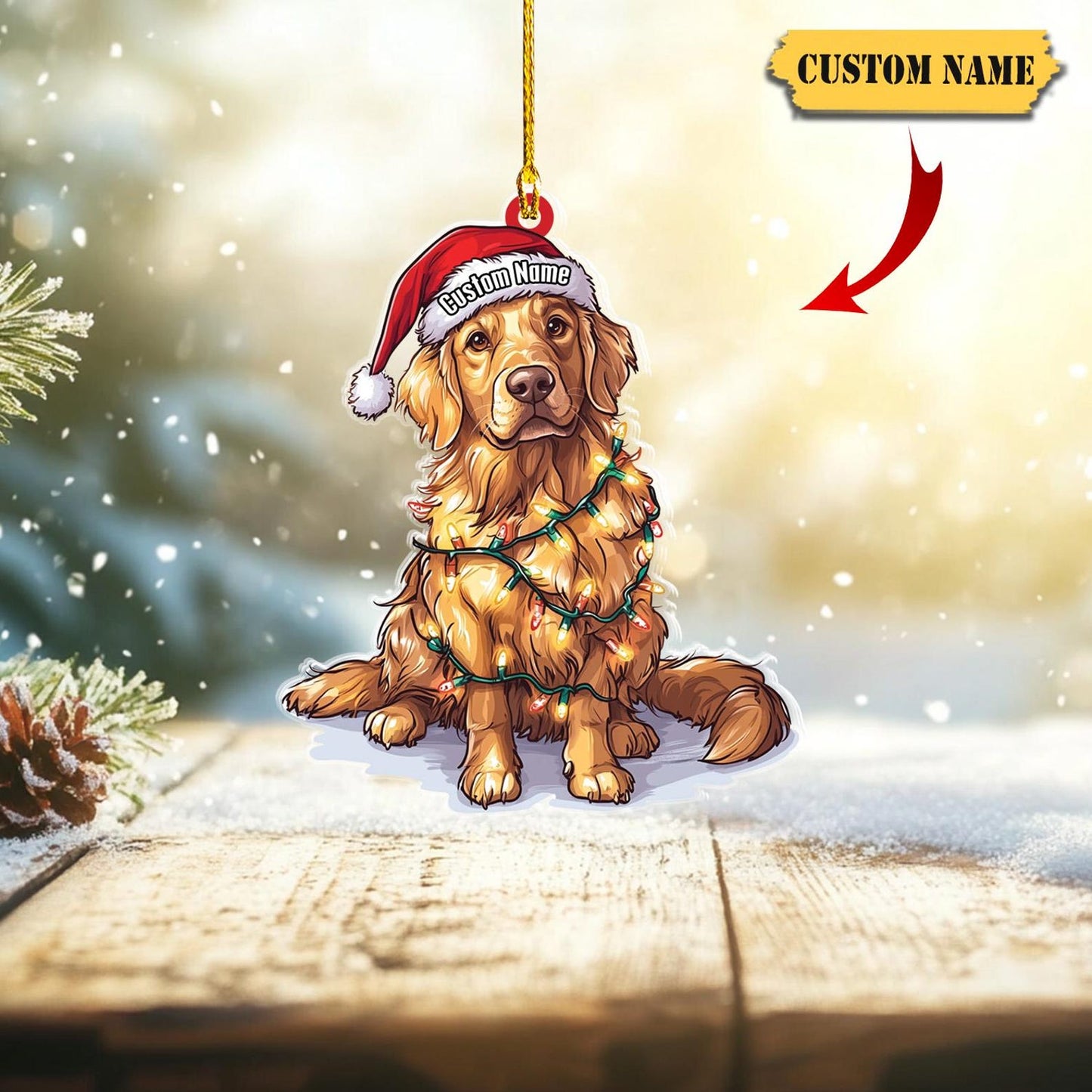 Personalized Golden Retriever Puppy Christmas Light Ornament, Custom Name Golden Retriever Ornament ON1360