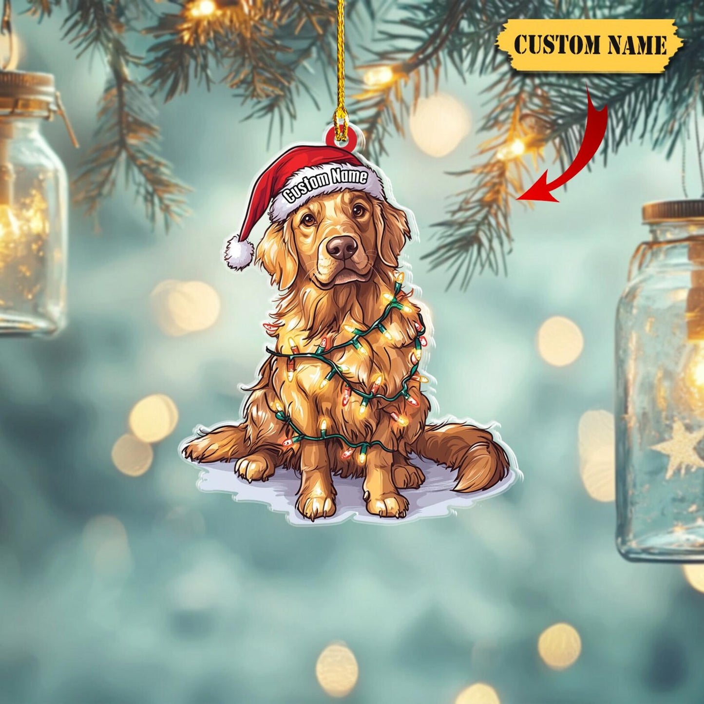 Personalized Golden Retriever Puppy Christmas Light Ornament, Custom Name Golden Retriever Ornament ON1360