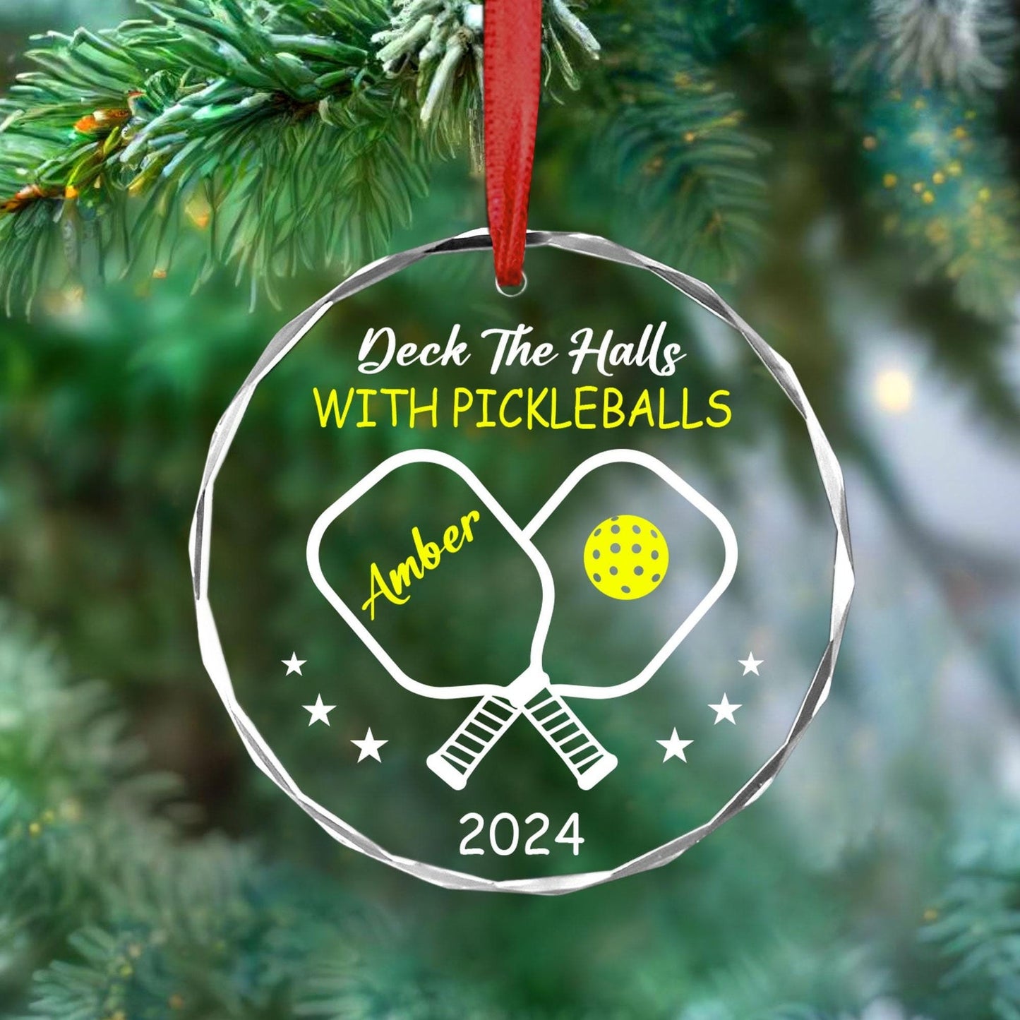 Personalized Deck The Halls With Pickleballs Glass Ornament, Custom Name Pickleball Partner Pickleball Lover Ornament ON0698