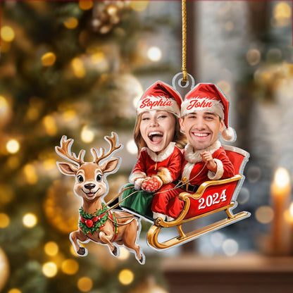 Custom Photo Couple Ride Reindeer Christmas Ornament, Personalized Photo Couple Ornament ON1162