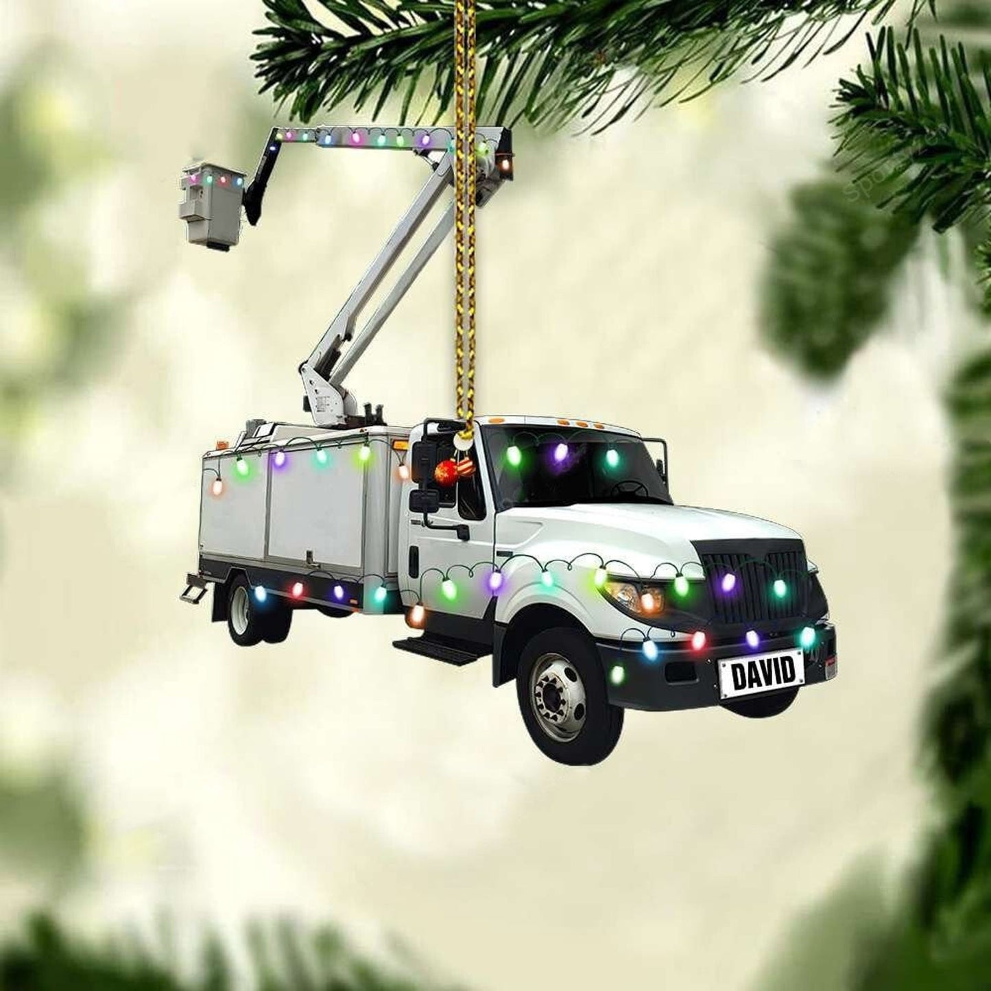 Personalized Lineman Bucket Truck Christmas Ornament, Custom Name Trucker Christmas Ornament ON0491