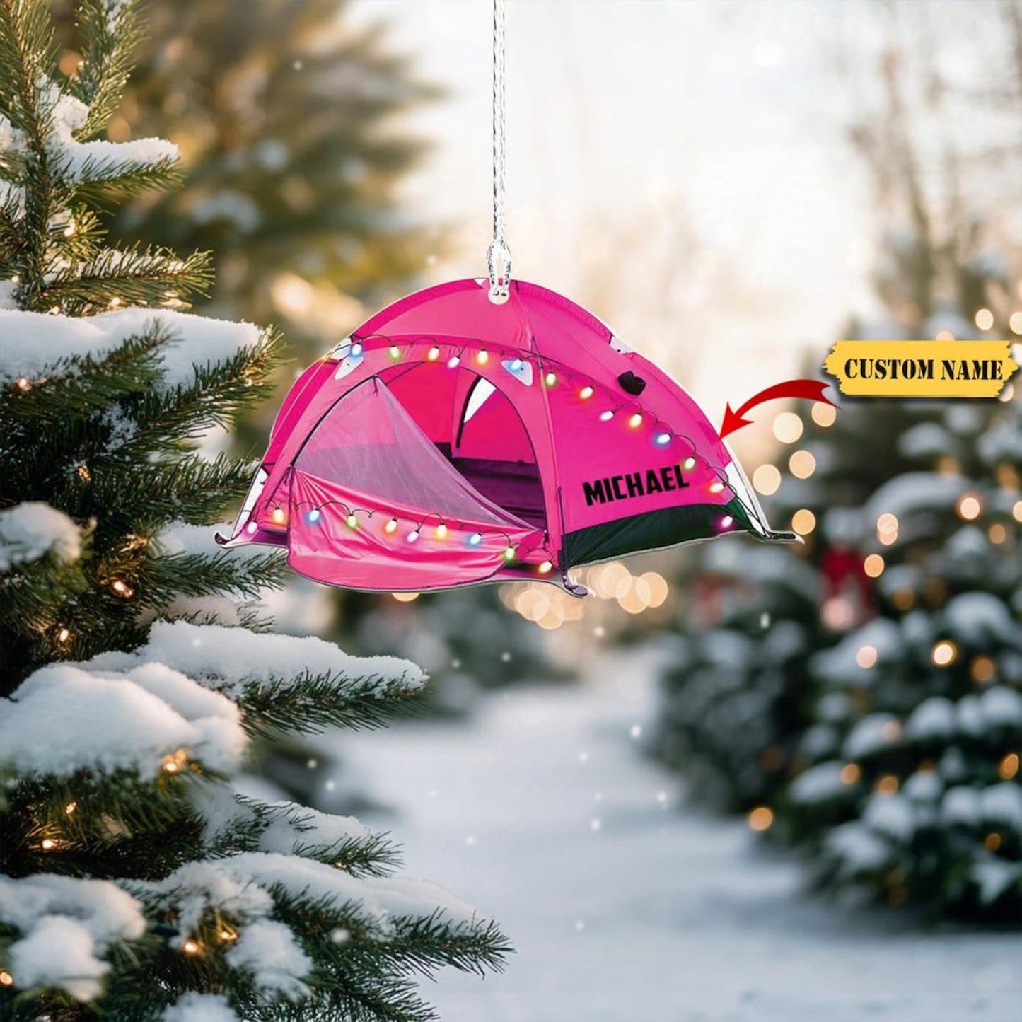 Personalized Camping Tent Christmas Light Ornament, Custom Name Camping Lover Ornament ON1500