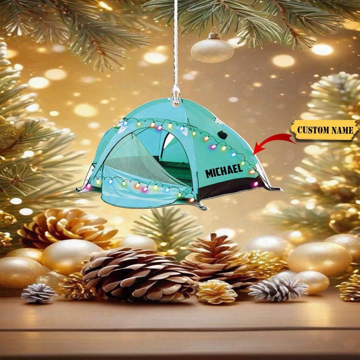 Personalized Camping Tent Christmas Light Ornament, Custom Name Camping Lover Ornament ON1500