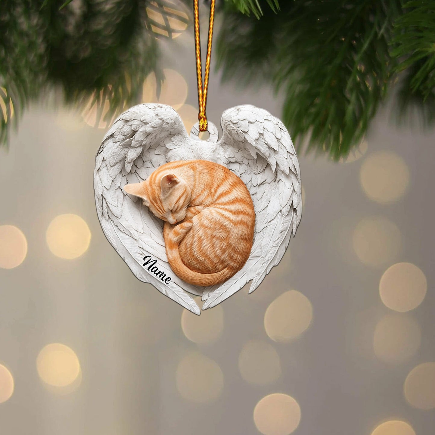 Personalized Orange Cat Sleeping Angel Wings Ornament, Custom Name Orange Cat Lover Ornament ON1580