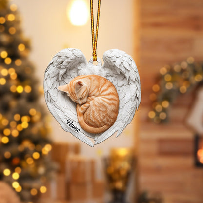 Personalized Orange Cat Sleeping Angel Wings Ornament, Custom Name Orange Cat Lover Ornament ON1580