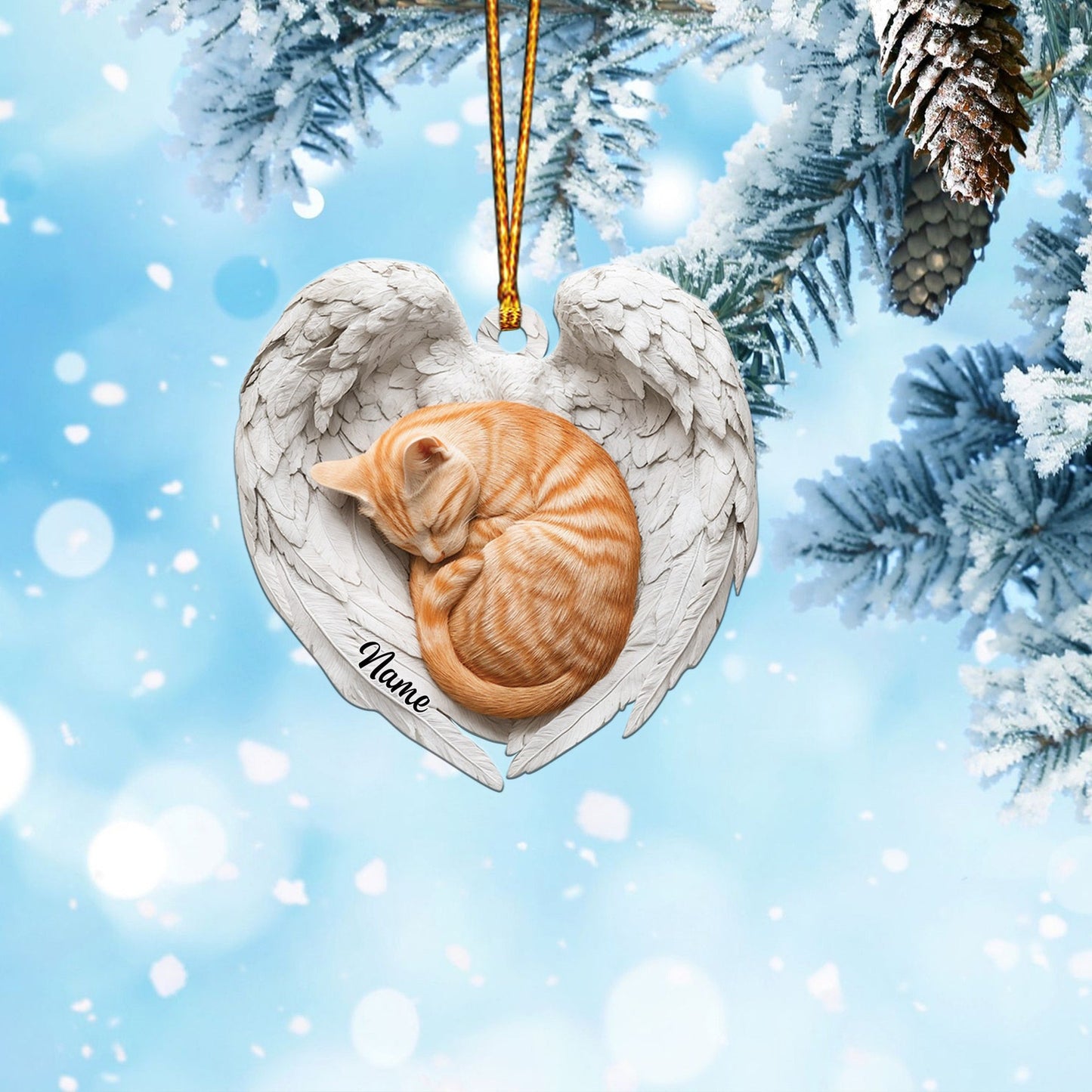 Personalized Orange Cat Sleeping Angel Wings Ornament, Custom Name Orange Cat Lover Ornament ON1580