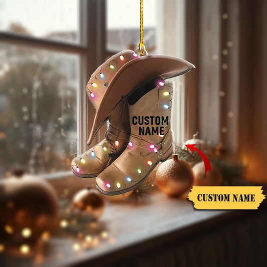 Personalized Cowboy Hat and Boots Christmas Light Ornament, Custom Cowboy Boots Christmas Ornament With Name ON1074