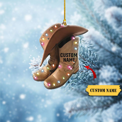 Personalized Cowboy Hat and Boots Christmas Light Ornament, Custom Cowboy Boots Christmas Ornament With Name ON1074