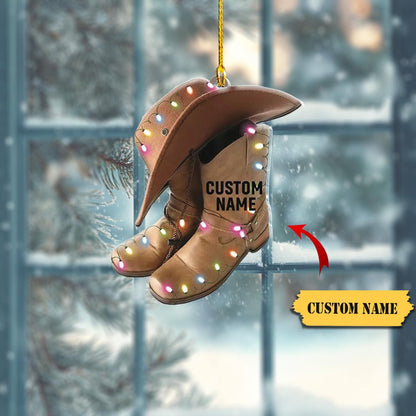 Personalized Cowboy Hat and Boots Christmas Light Ornament, Custom Cowboy Boots Christmas Ornament With Name ON1074