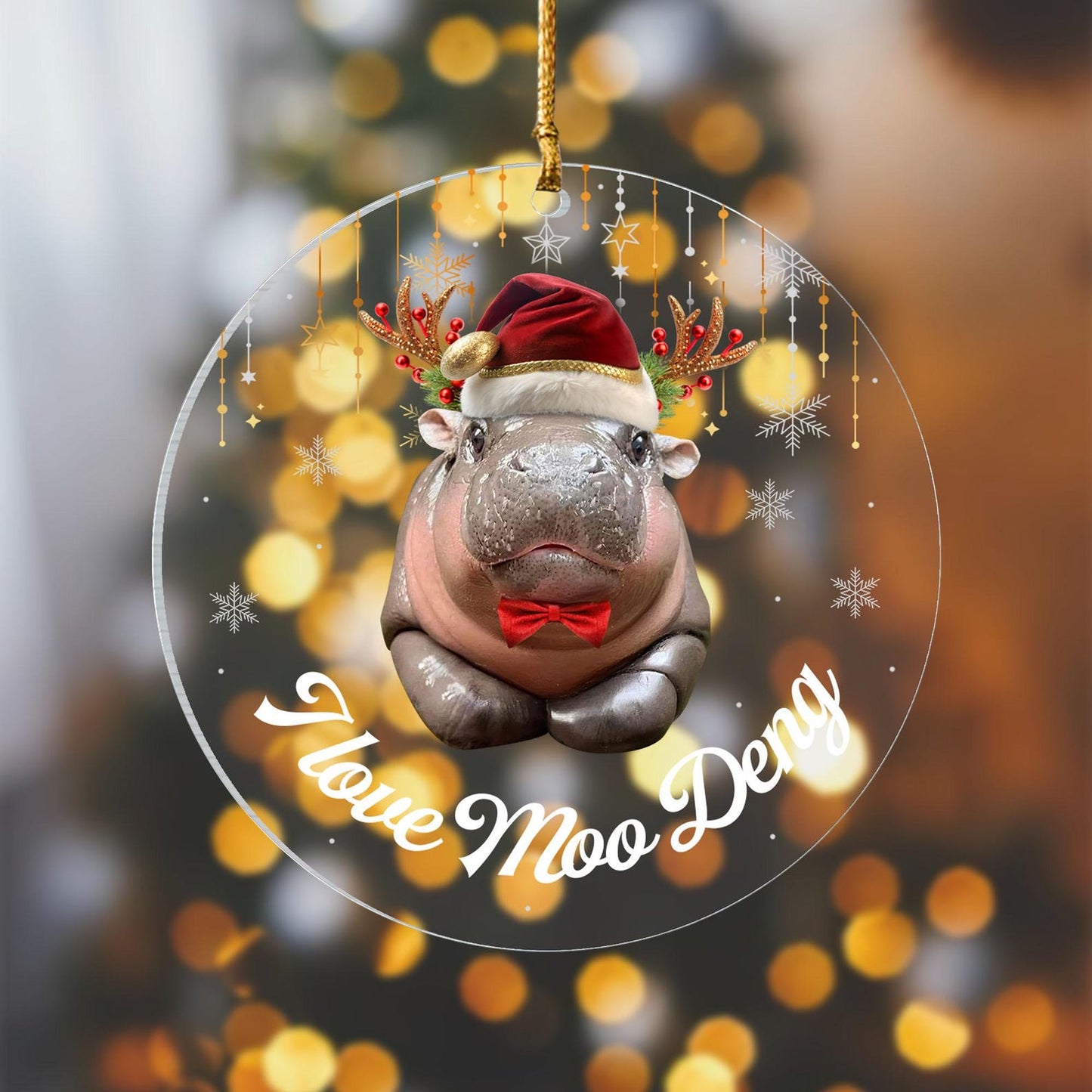 I Love Moo Deng Christmas Ornament, Cute Baby Hippo Moo Deng Bouncy Pig in Thai Hippopotamus Ornament ON0525