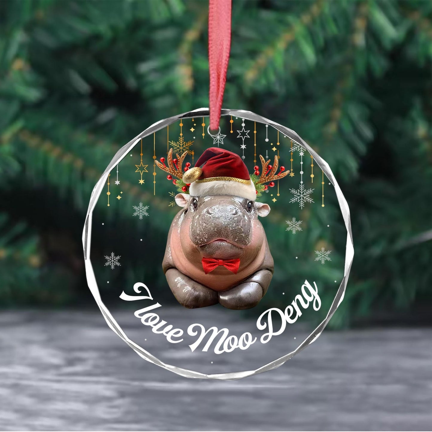 I Love Moo Deng Christmas Ornament, Cute Baby Hippo Moo Deng Bouncy Pig in Thai Hippopotamus Ornament ON0525