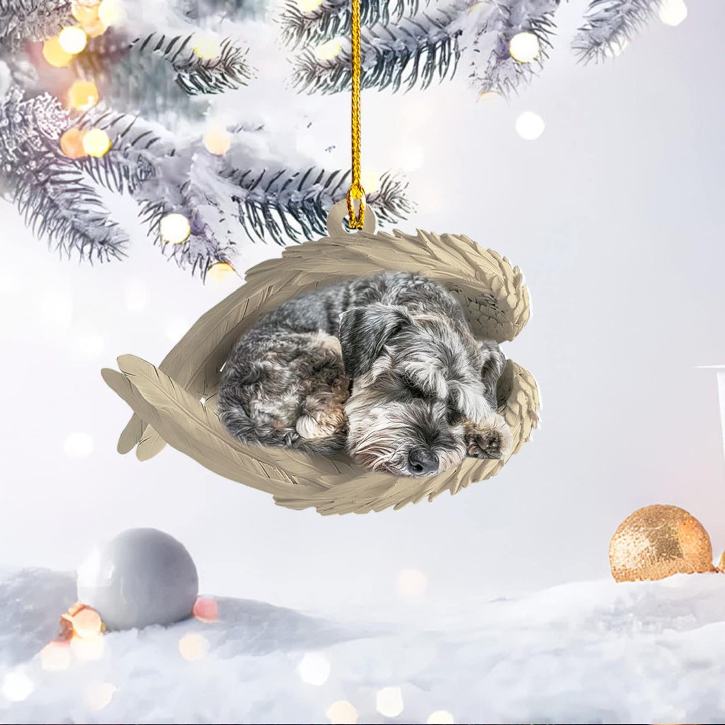 Personalized Schnauzer Dog Sleeping Angel Wings Ornament, Custom Name Schnauzer Dog Christmas Ornament ON0809