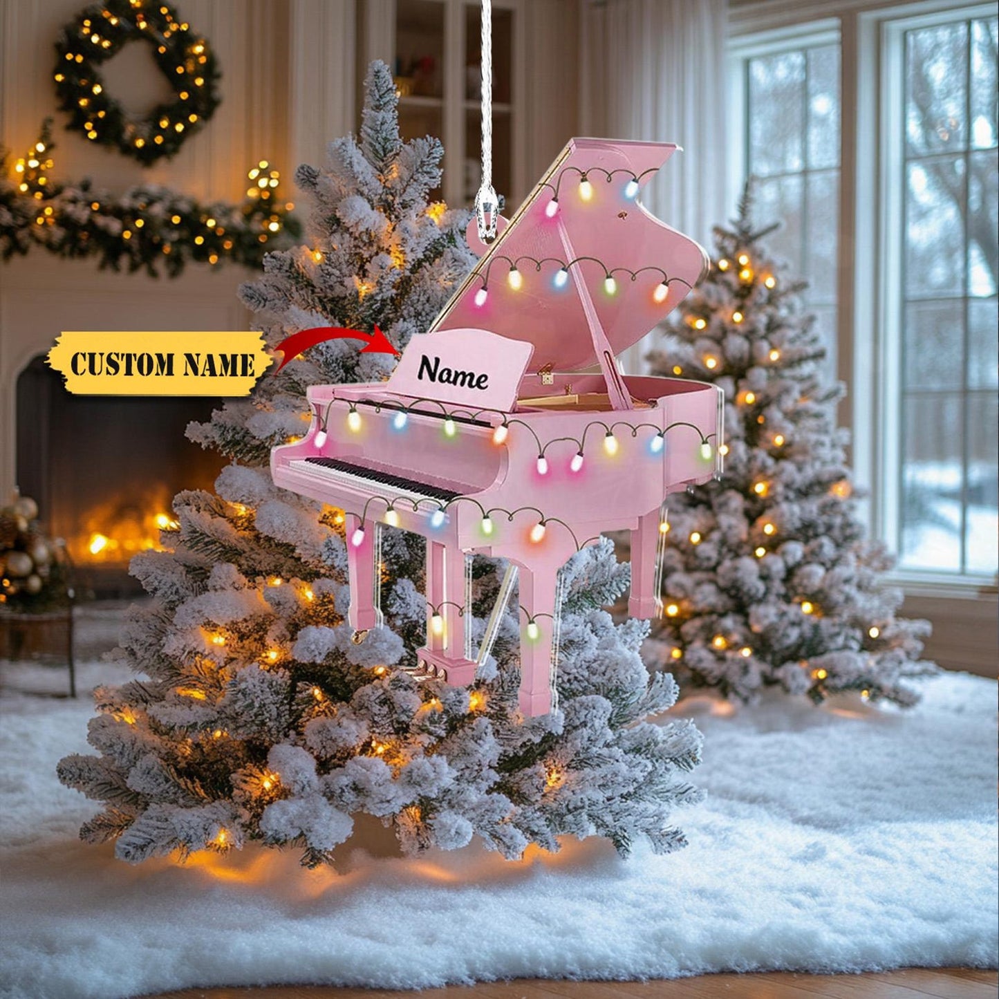 Personalized Pink Piano Light Christmas Ornament, Custom Name Piano Player Ornament ON1068