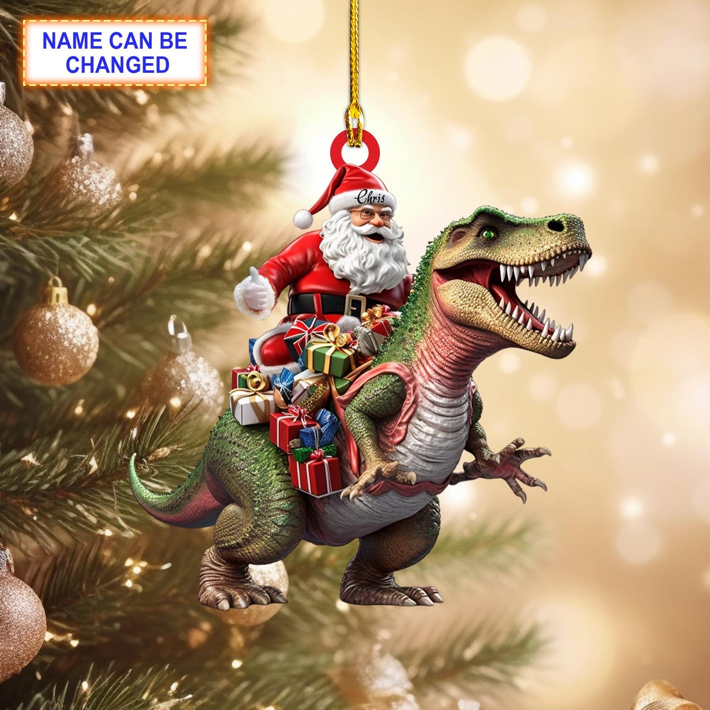 Personalized Santa Riding Dinosaur Christmas Ornament, Custom Name Dinosaur Lover Ornament ON1121