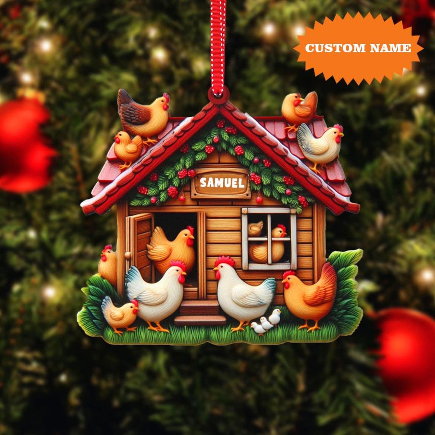 Personalized Chicken Coop Christmas Ornament, Custom Name Farm  Farmhouse Chicken Ornament ON1743